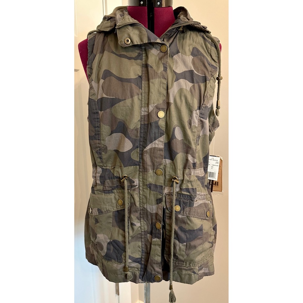 NWT YMI Collection Women Camouflage Utility Vest Hooded Drawstring /Nature